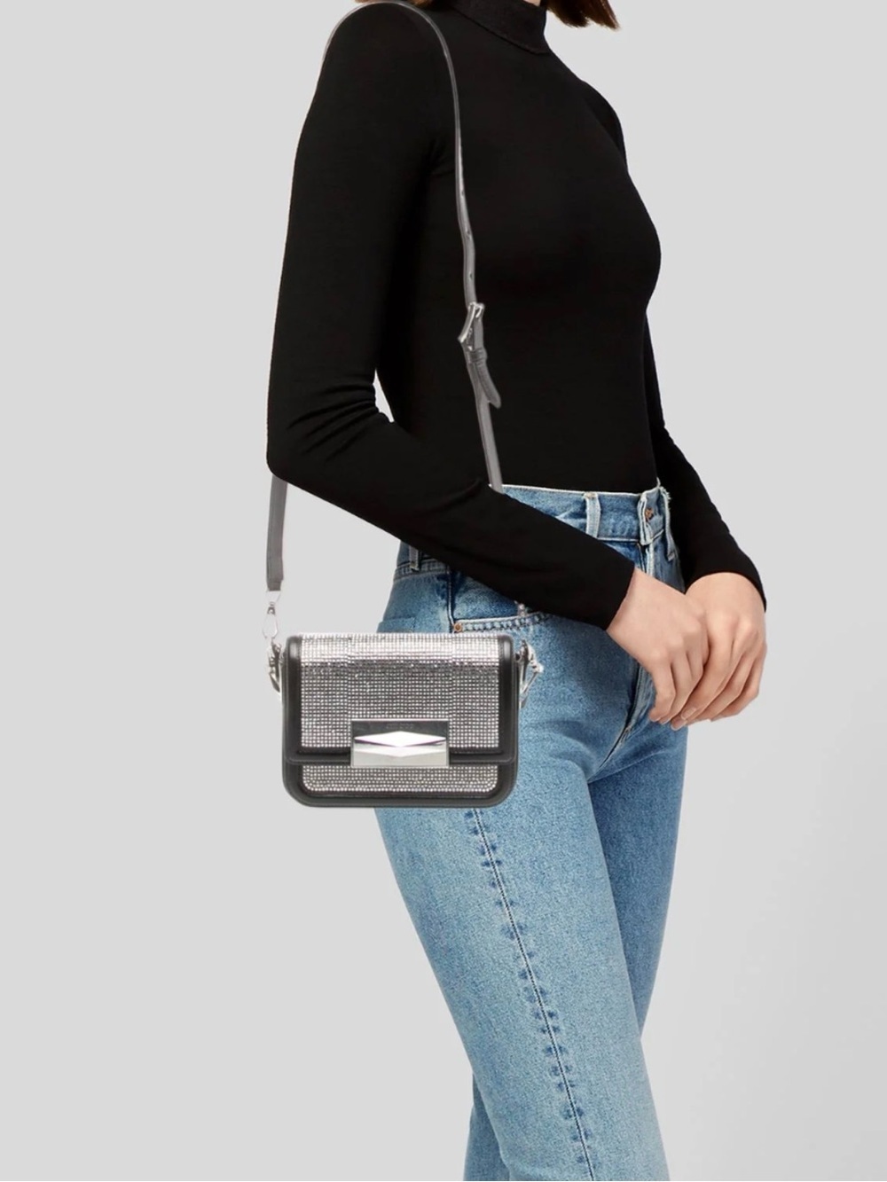 Jimmy Choo Silver Crystal Leather Lock Crossbody Shoulder Bag